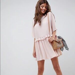 NEW Asos Ruffle Waist Babydoll Mini Dress US 10 Pastel Baby Pink Oversized Tunic